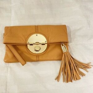 Calvin Klein Clutch with Tassel. Camel Color Leather & Brass Like Hardware.